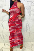 Sexy Women Net Yarn Sleeveless Shirred Detail Printing Long Dress NK235