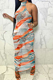 Sexy Women Net Yarn Sleeveless Shirred Detail Printing Long Dress NK235