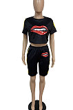 Sexy Women Casual Short Sleeve Printing Sport Fashion Shrots Sets GHH011