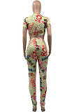 Trendy Casual Letter Printing Sexy Bind Short Sleeve Long Pants Sets KY3060