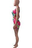 Sexy Women Batch Printing Shirred Detail Mini Dress NK225