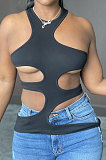 Hollow Out Hole Sexy Pure Color Halter Neck Blouse MOL156