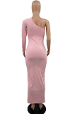 Euramerican Women Pure Color One Shoulder Long Dress QL1013
