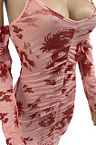 Bud Silk Shirred Detail Longteng Printing Fashion Sexy Condole Belt Mini Dress AFM2011