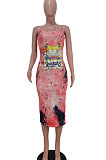 Trendy Women Tie Dye Cartoon Graphic Condole Belt Midi Dress AMN8001