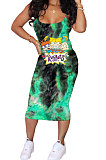 Trendy Women Tie Dye Cartoon Graphic Condole Belt Midi Dress AMN8001