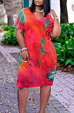Casual Loose Tie Dye Print V Neck Dress With A Pocket TK6171