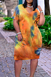 Casual Loose Tie Dye Print V Neck Dress With A Pocket TK6171