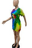 Fashion Sexy Hurnt Flower Rainbow Lip Print Gradual Change Mini Dress GHH030
