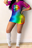 Fashion Sexy Hurnt Flower Rainbow Lip Print Gradual Change Mini Dress GHH030