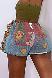 Leisure Positioning Printing Summer Colorful Pattern Women Tassel Shorts MLM9064