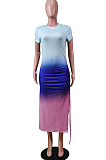 Fashion Gradient Positioning Print Lashing Opening Short Sleeve Dress WY6736 