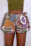 Leisure Positioning Printing Summer Colorful Pattern Women Tassel Shorts MLM9064