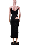 Fashion Sexy Pure Color Sling Hollow Out Long Dress WY6797