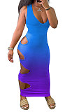Women Sexy Gradual Change Spliced Hole Hole Long Dress GHH023