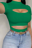 Sexy Pure Color Pit Bar Hollow Out Short Sleeve Crop Tops AD0503