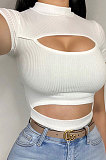 Sexy Pure Color Pit Bar Hollow Out Short Sleeve Crop Tops AD0503