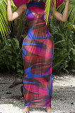 Sexy Perspective Leopard Colorful Printing Sanbeach Net Yarn Long Dress JP1035