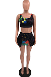 Euramerican Splash-Ink Agaric Edge Bind Vest Short Skirt Two-Piece TD8027