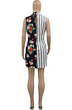 Spliced Wave Point Flowers Stripe Sleeveless Mini Dress AD0404