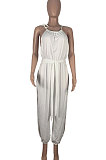 Pure Color Halter Neck Side Open Fork Hollow Out Casual Jumpsuit MOL161