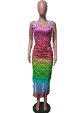 Euramerican Casual  Gradient Three Color V Neck Dress T213 