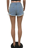 Mid Waist Water Washing Eyelet Hollow Out Light Color Jeans Shorts HM5454