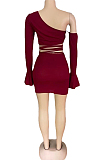 Pure Color Women Inclined Shoulder Flare Sleeve Knotted Strap Skirts TWO-Piece QZ4339