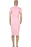 Women Trendy Casual Pure Color Round Neck Open Fork Cultivate One's Morality Short Sleeve Midi Dress SM9178