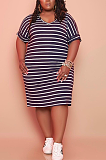 Stripe Printed Plus Size Round Neck Short Sleeve T-shirt Dress TC074