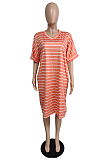Stripe Printed Plus Size Round Neck Short Sleeve T-shirt Dress TC074