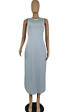 Euramerican Pure Color Open Fork Casual Long Dress E8591