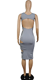 Fashion Sexy Pure Color Vest Fold Hollow Out  Dress E8590