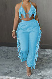 Sexy Backless Condole Belt Bra Top Pure Color Tassel Pants Sets MLM9065