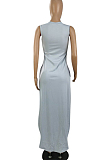 Euramerican Pure Color Open Fork Casual Long Dress E8591