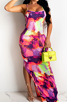 Fashion Summer Coloured Drawing Print Sling Long Dress LS6441