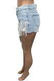 Personality Sequin Tassel Spliced Washed Jeans Shorts Q857