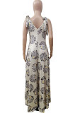 Personality Printing V Neck Sleeveless Knotted Strap Casual Wide Leg Jumpsuits DY6660