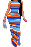 Stripe Printing Halter Neck Backless Long Dress CY1332