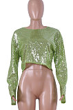 Round Neck Sequins Horn Sleeve Pure Color Tops Q355