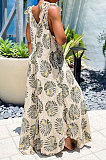Personality Printing V Neck Sleeveless Knotted Strap Casual Wide Leg Jumpsuits DY6660