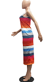 Fashion Contrast Color Stripe Print Package Buttocks Sext Dress H1655