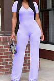Euramerican Women Pure Color V Neck Short Sleeve Shift Jumpsuits KK8260