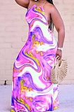 Fashion Sexy Tie Dye Print Hang A Neck Long Dress KK8261