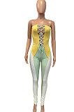 Chest Wrap Sexy Bind Contrast Color Hollow Out Bodycon Jumpsuits Q815