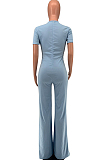 Euramerican Women Pure Color V Neck Short Sleeve Shift Jumpsuits KK8260