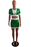 Sexy Contrast Color Spliced Short Sleeve Short Skirt Two-Piece JLX6893