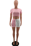 Fashion Casual Spliced Short Sleeve Shorts Two-Piece RZ1063