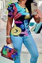 Women Colorful Letter Printing Short Sleeve Ruffle Fashion T Shirts BLK1109