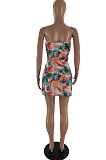 Euramerican Fashion Maple Leaf Print Open Fork Sling Dress YZL846